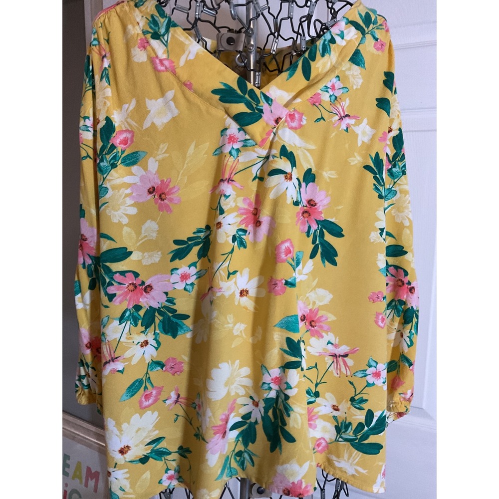 St Johns Bay Yellow Floral Print V Neck Long Sleeve Rayon‎ Blouse Top XL